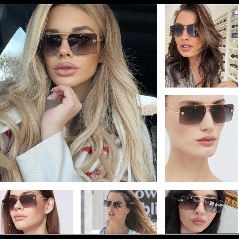VERSACE CONTEMPORARY RIMLESS GOLD MEDUSA DETAILING / GREY RECTANGLE SUNGLASSES